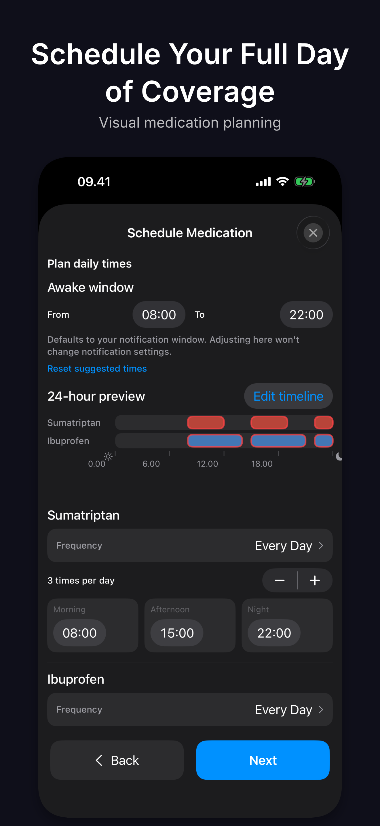 AndEase iPhone medication schedule builder showing a 24-hour preview with demo data