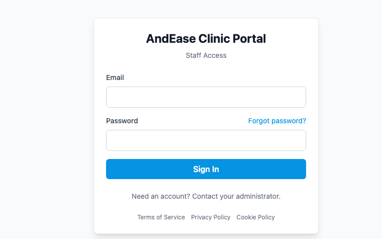 AndEase Clinic Portal sign-in page for staff access